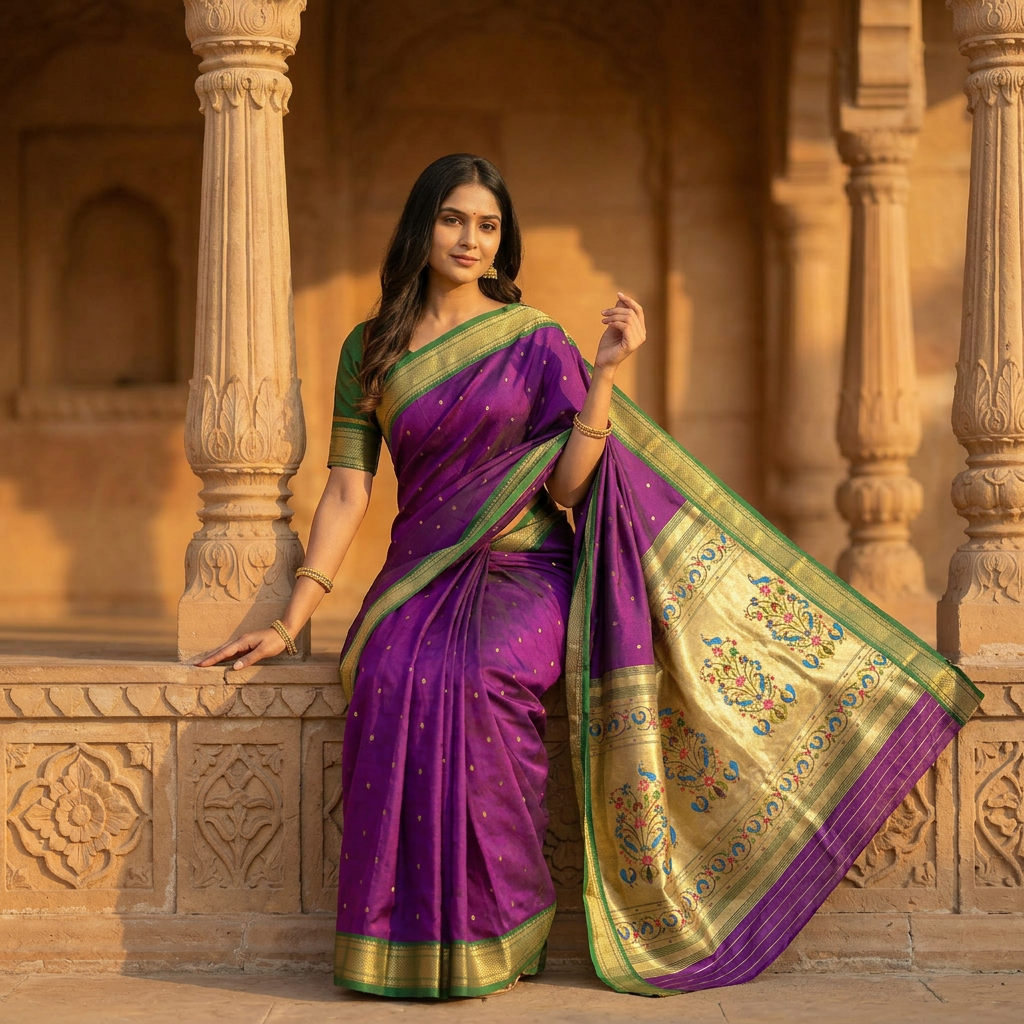 Woman in a purple saree with gold details standing in front of architectural columns.