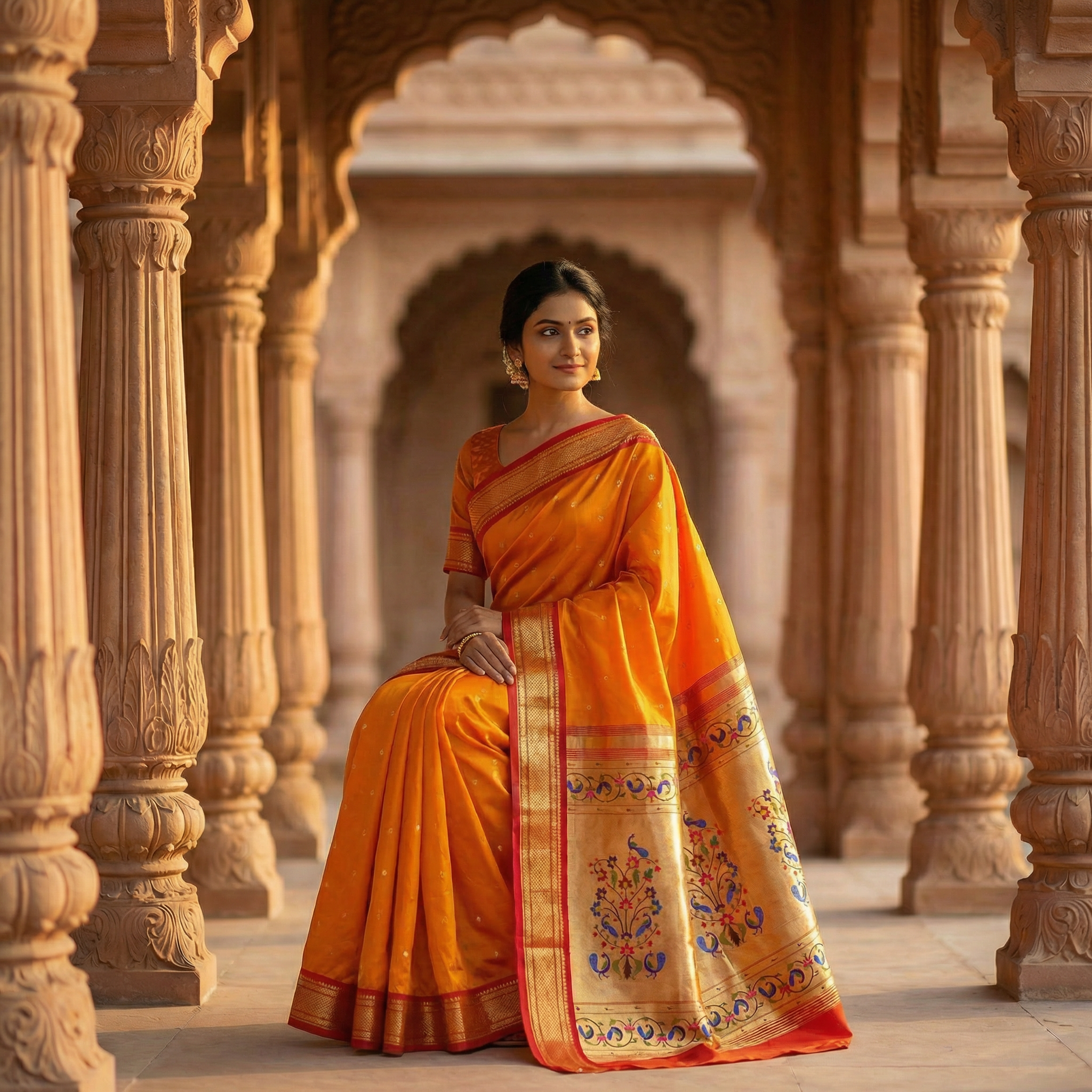 Woman in an orange saree standing in a temple-like setting with intricate columns.