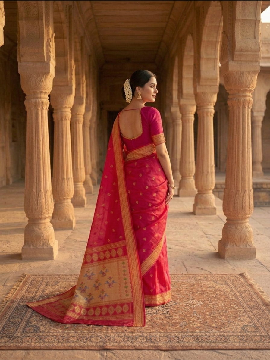 Woman in a pink saree standing in an architectural setting with columns.
