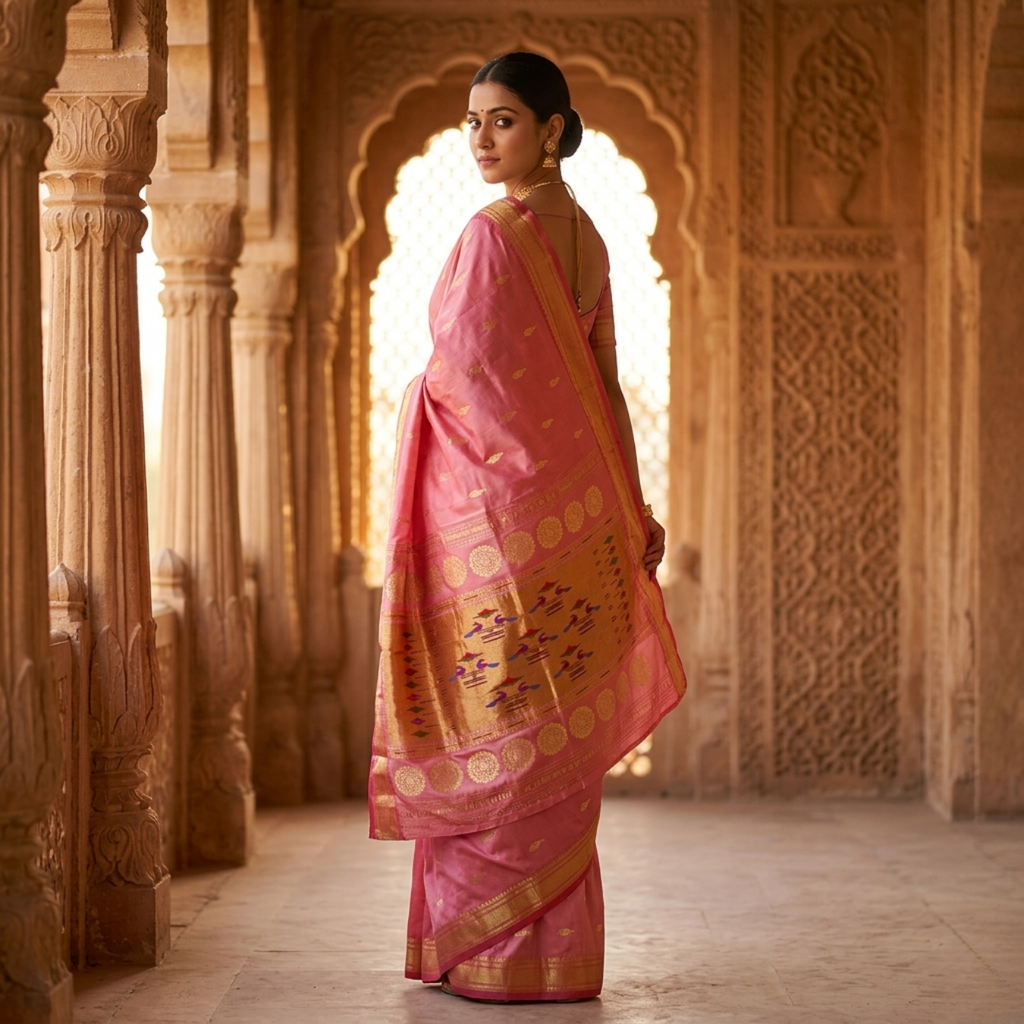 Woman in a pink saree with gold patterns standing in an ornate architectural setting.