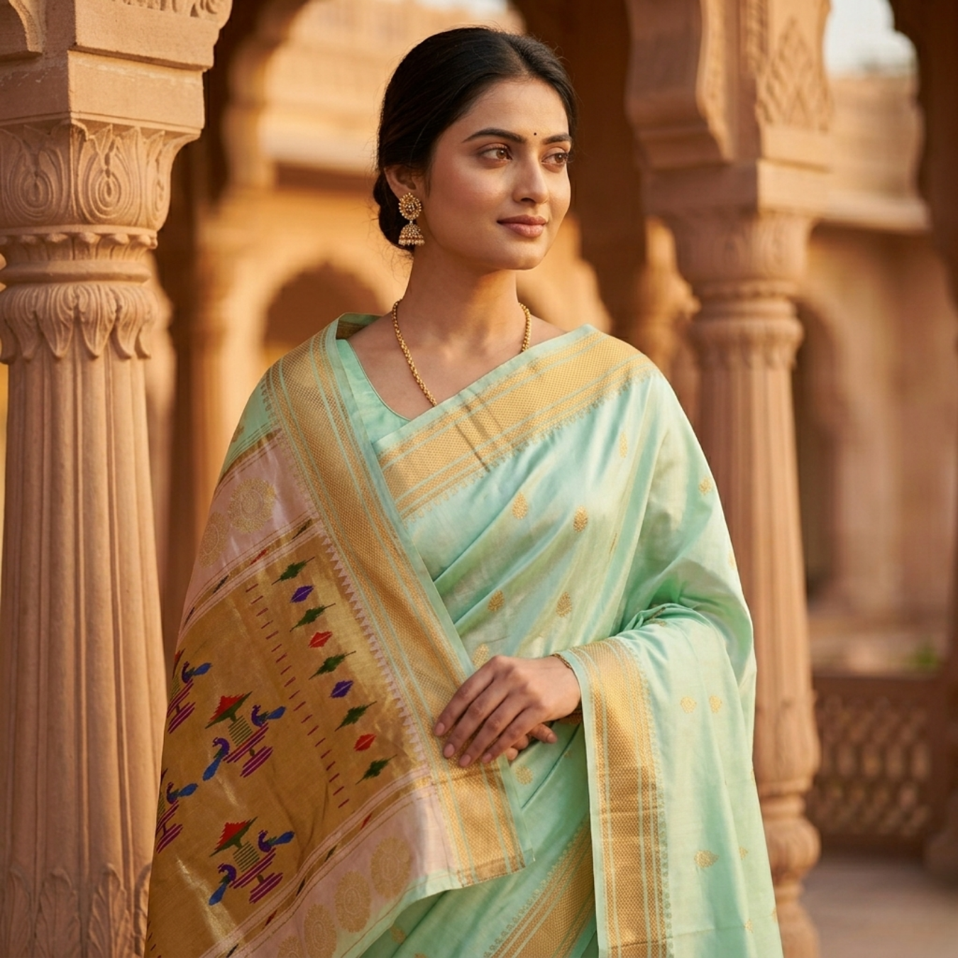 Woman in a traditional saree standing in front of ornate columns