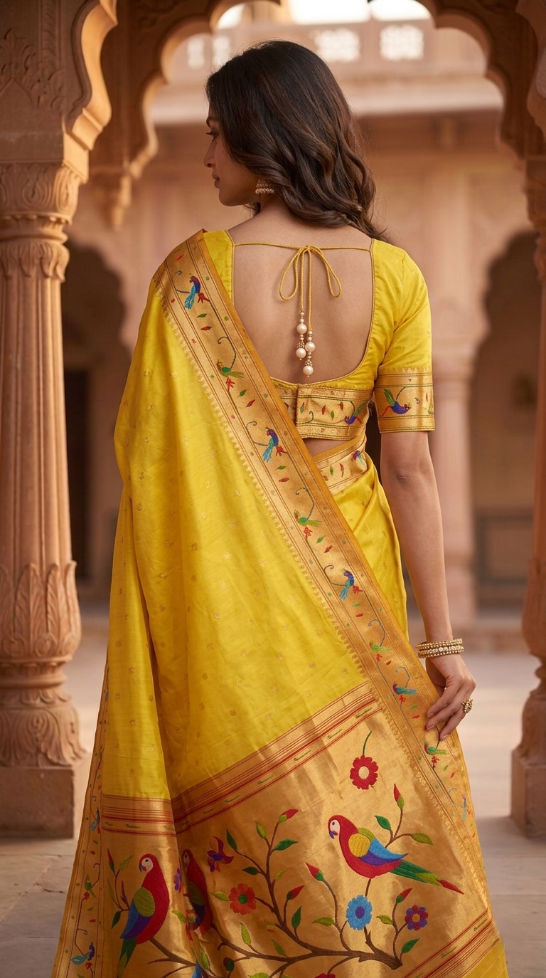 Woman in a yellow saree with intricate patterns in an architectural setting