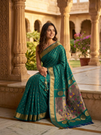 Woman in a teal saree with gold border standing in an architectural setting.