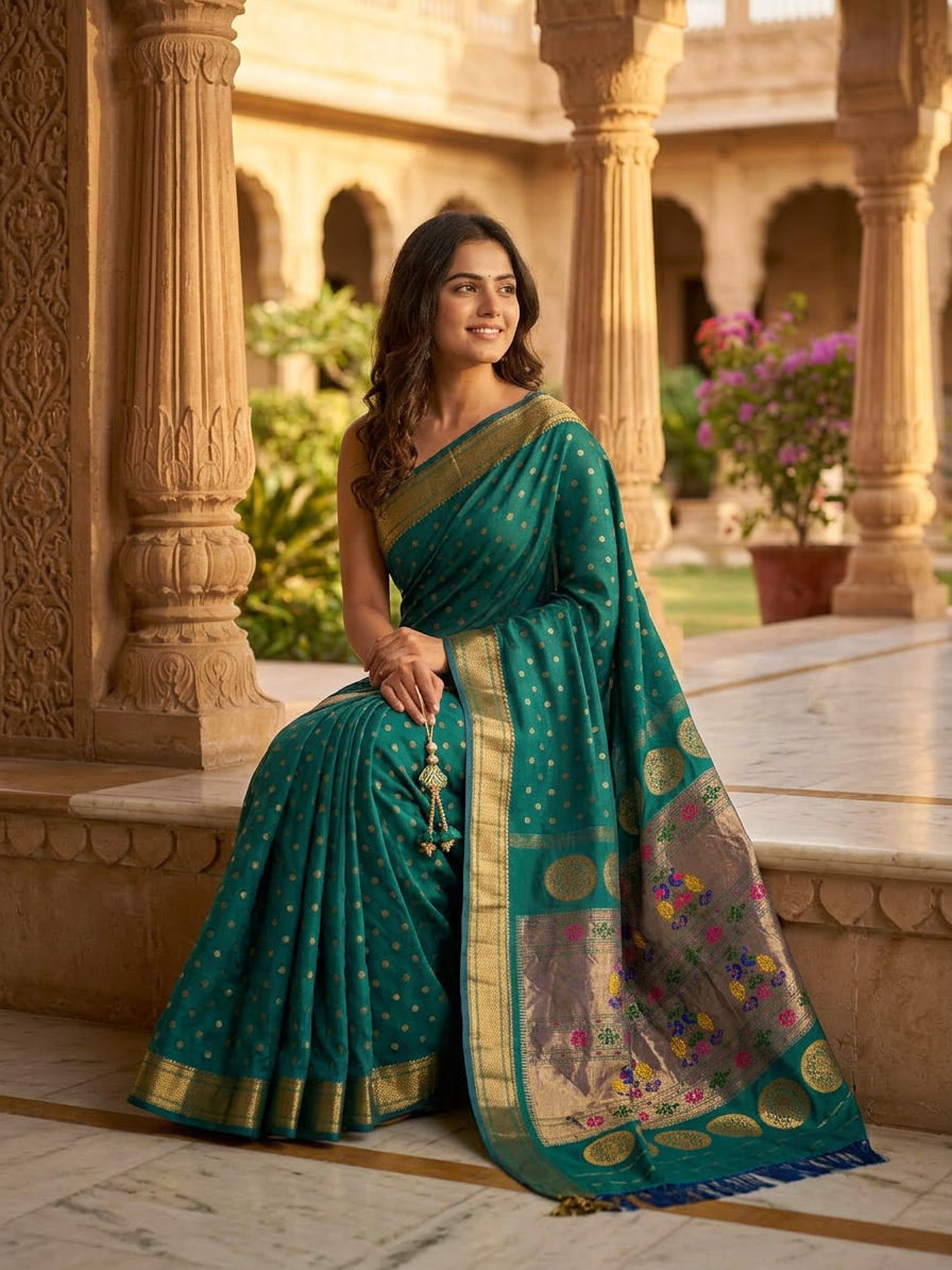 Woman in a teal saree with gold border standing in an architectural setting.
