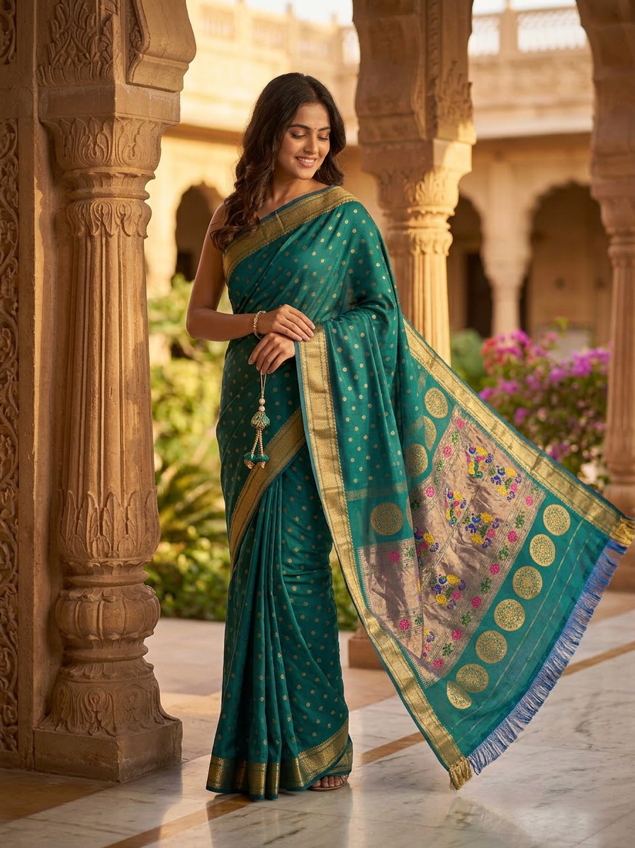 Woman in a traditional teal saree with gold details standing in an architectural setting.