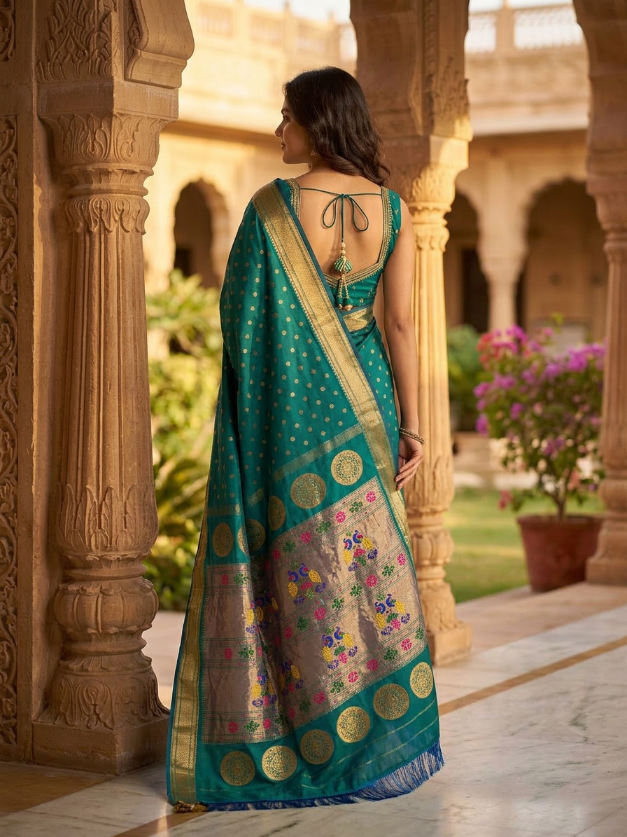 Woman in a teal saree with floral patterns standing in an architectural setting.