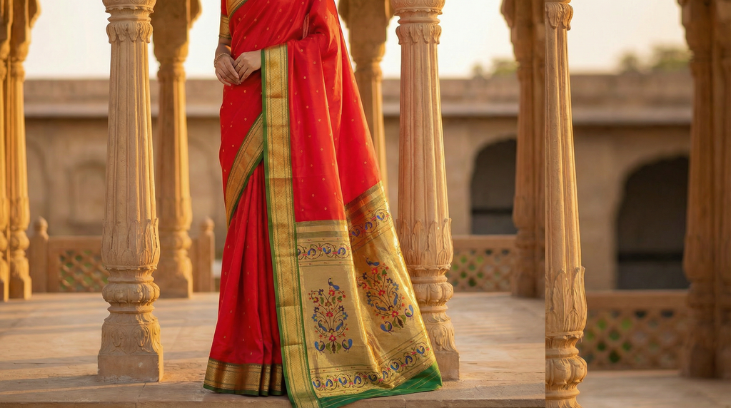 Person wearing a red saree with gold and green border on a traditional architectural background