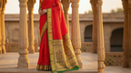Person wearing a red saree with gold and green border on a traditional architectural background
