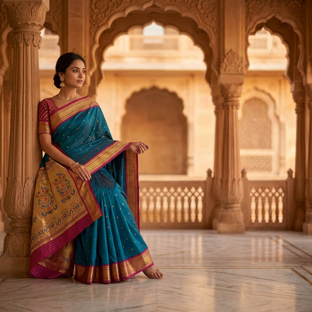 Woman in a traditional blue saree with gold accents standing in an ornate architectural setting.