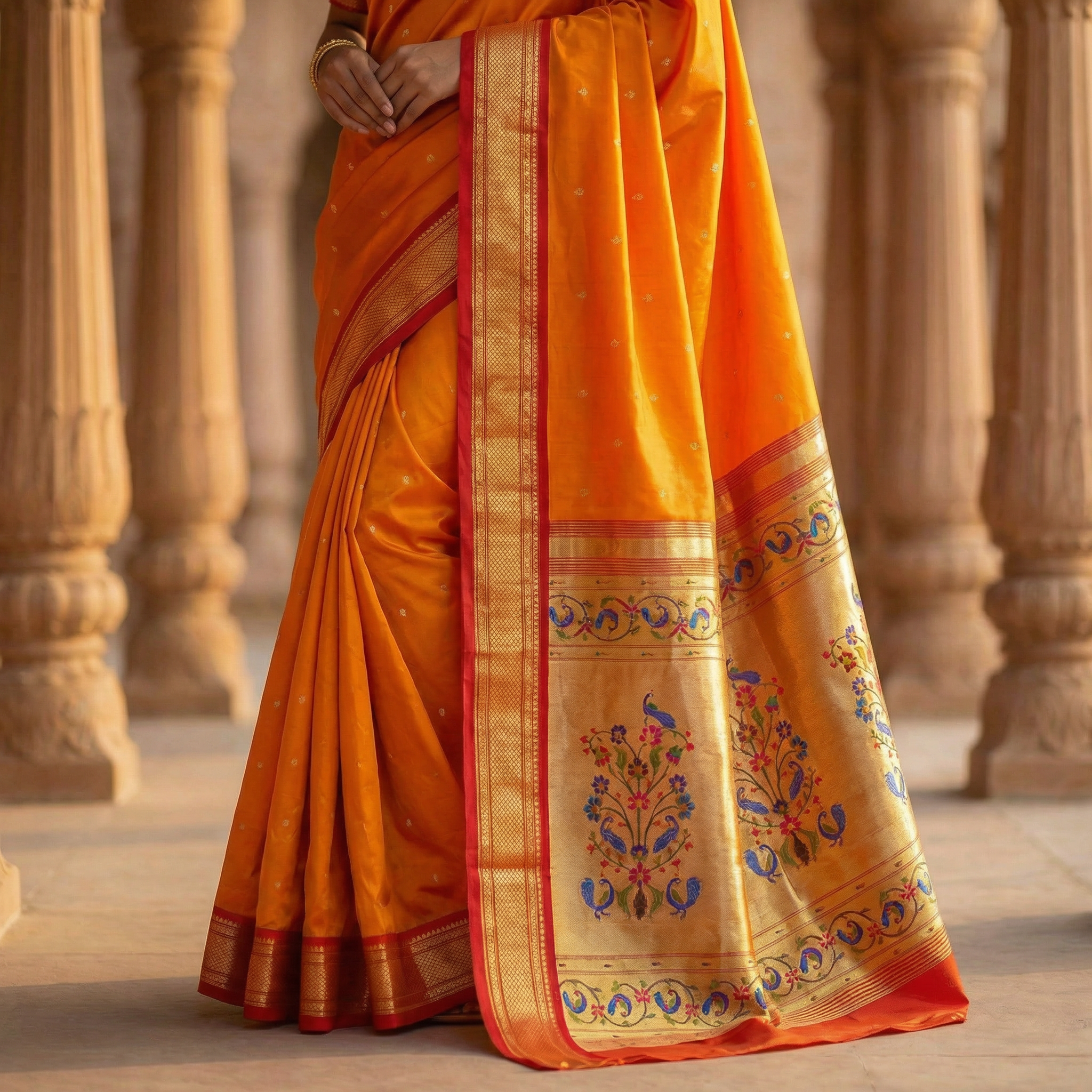 Orange saree with intricate patterns in a warm-toned architectural setting