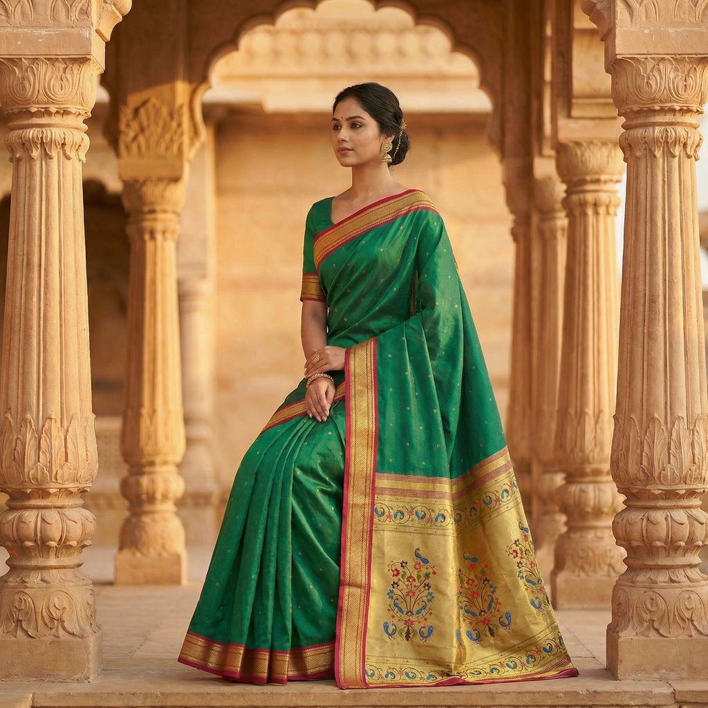 Woman in a green saree with gold border standing in an architectural setting