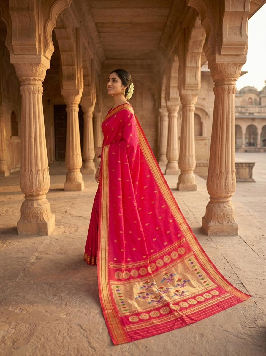 Woman in a red saree with gold patterns standing in an architectural setting.