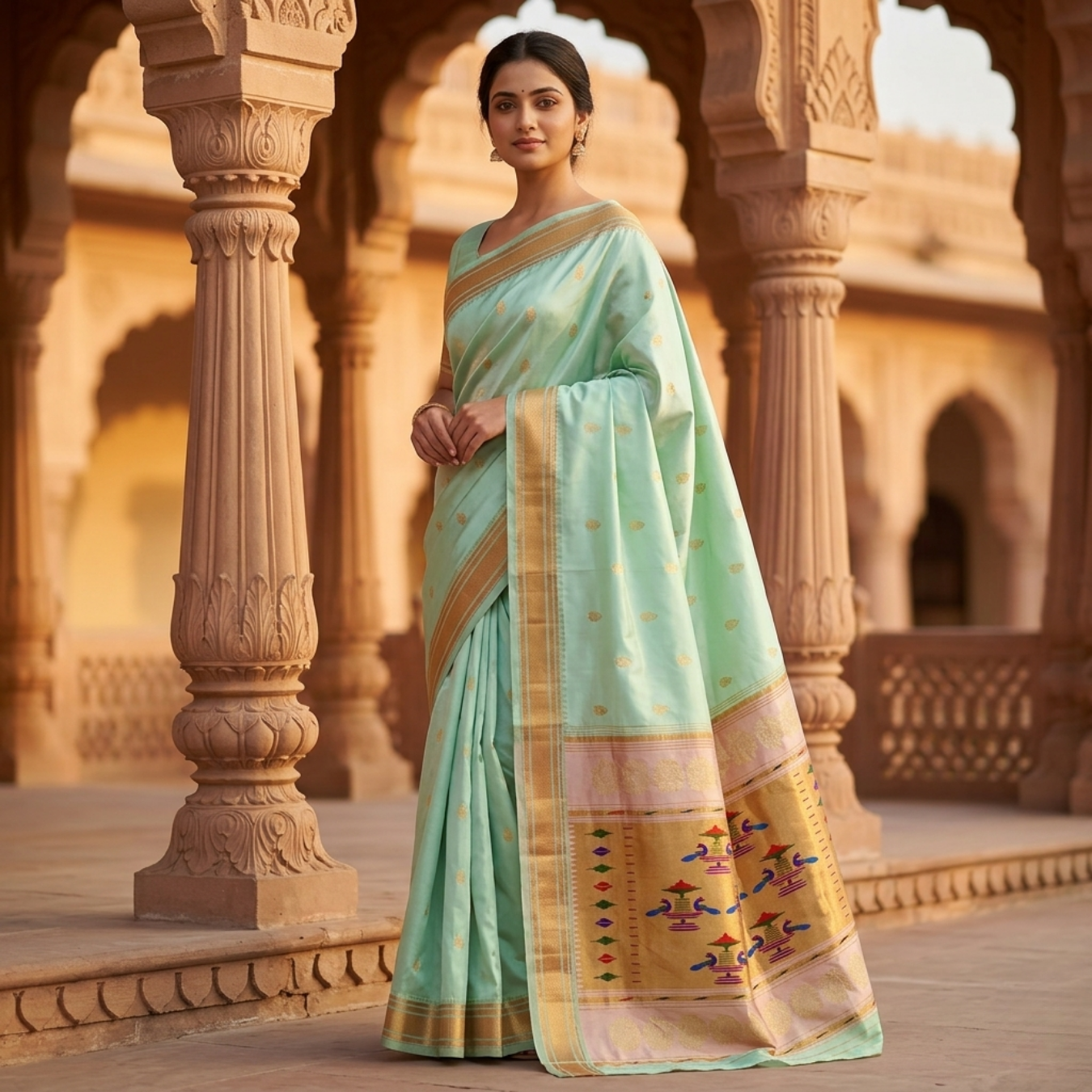 Woman in a light green saree with gold border standing in an architectural setting.