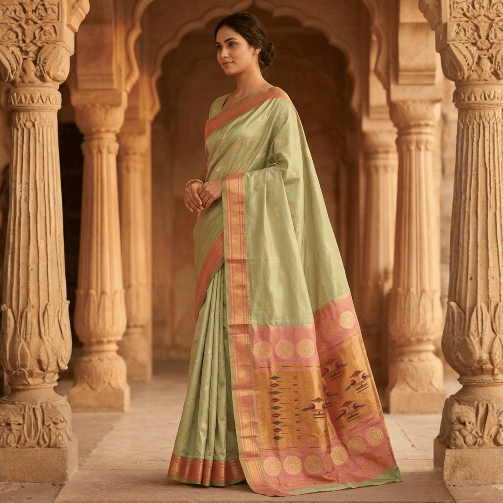 Woman in a traditional saree standing in an architectural setting