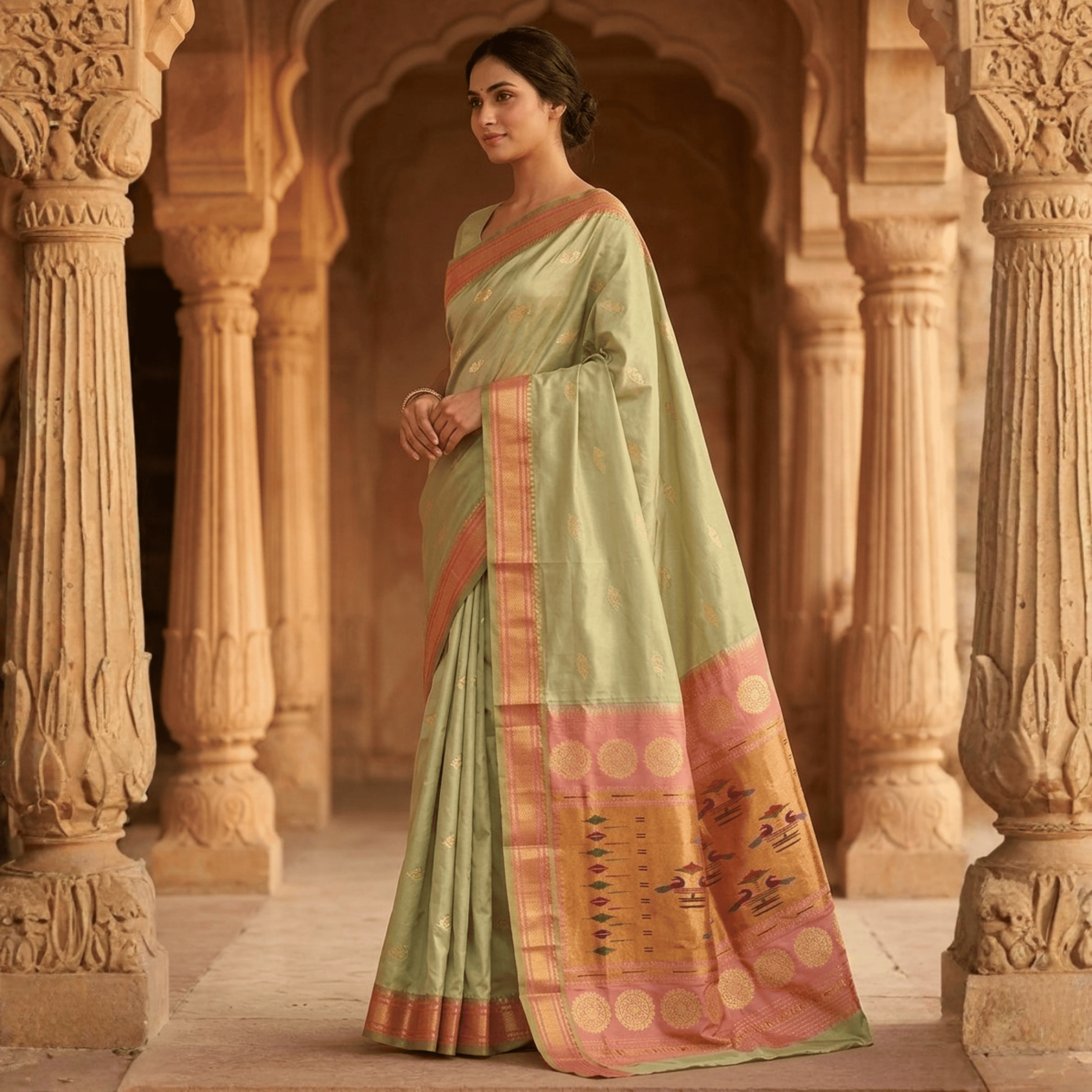 Woman in a traditional saree standing in an architectural setting