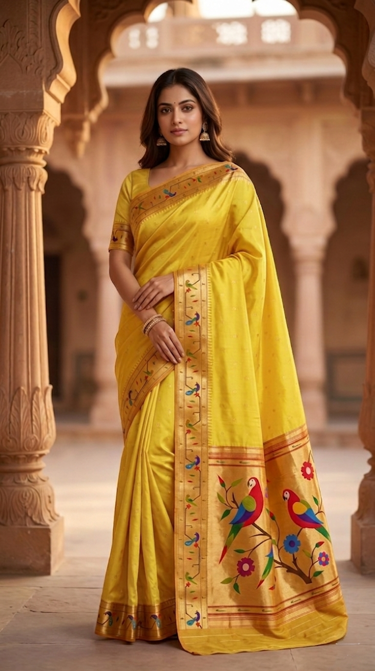 Woman wearing a yellow saree with bird and floral patterns in an architectural setting.