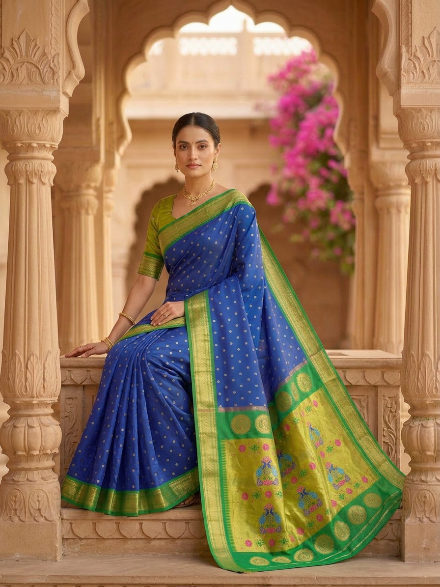 Woman in a blue and green saree sitting in an ornate architectural setting.