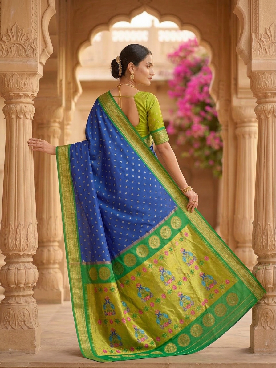 Woman in a blue and green saree standing in an ornate architectural setting with flowers in the background.