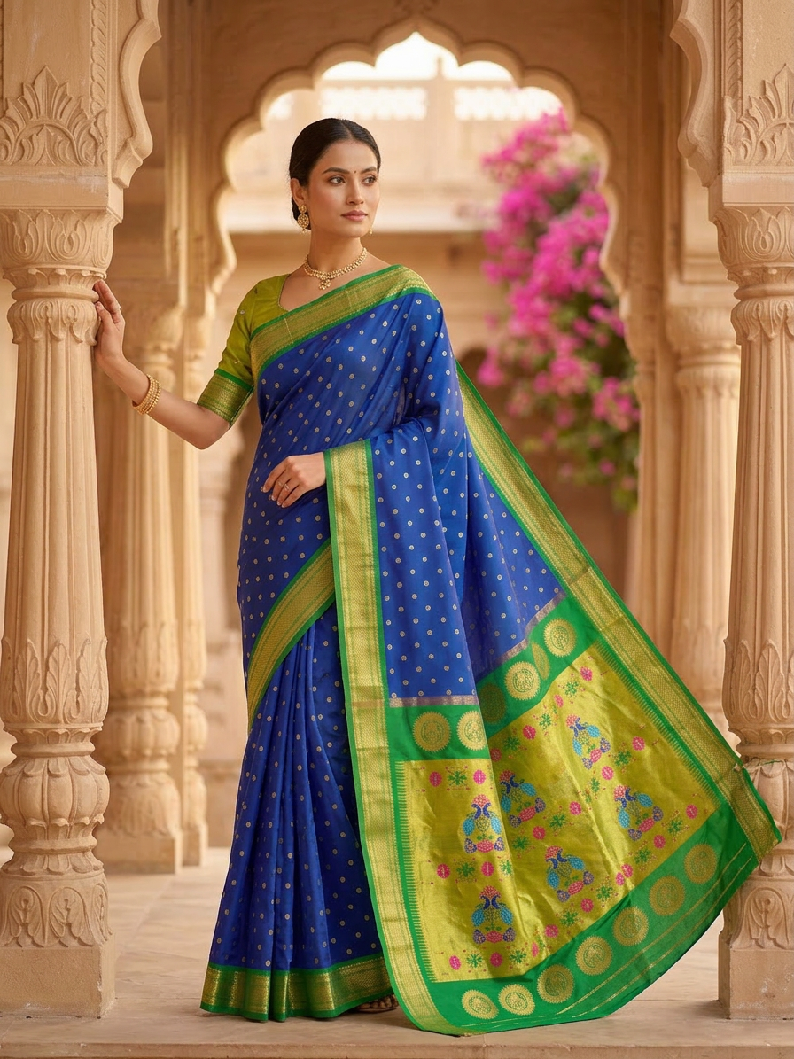 Woman in a blue and green saree standing in an ornate architectural setting.