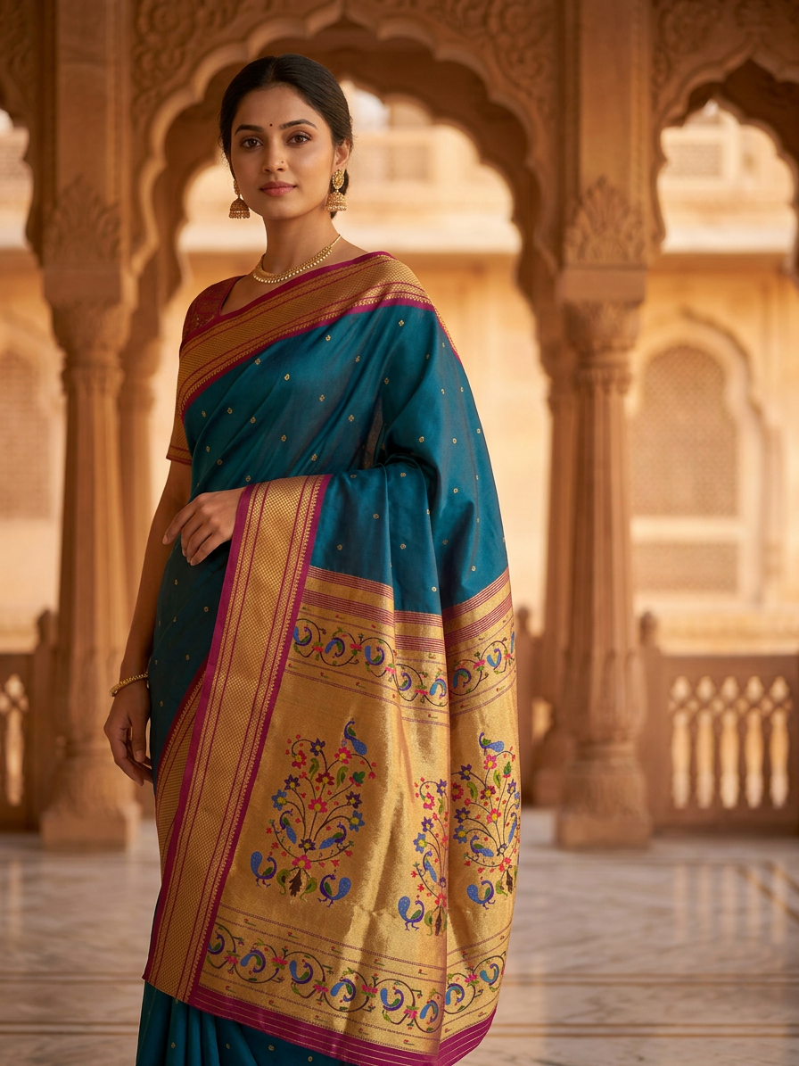 Woman wearing a traditional saree with intricate patterns in an architectural setting