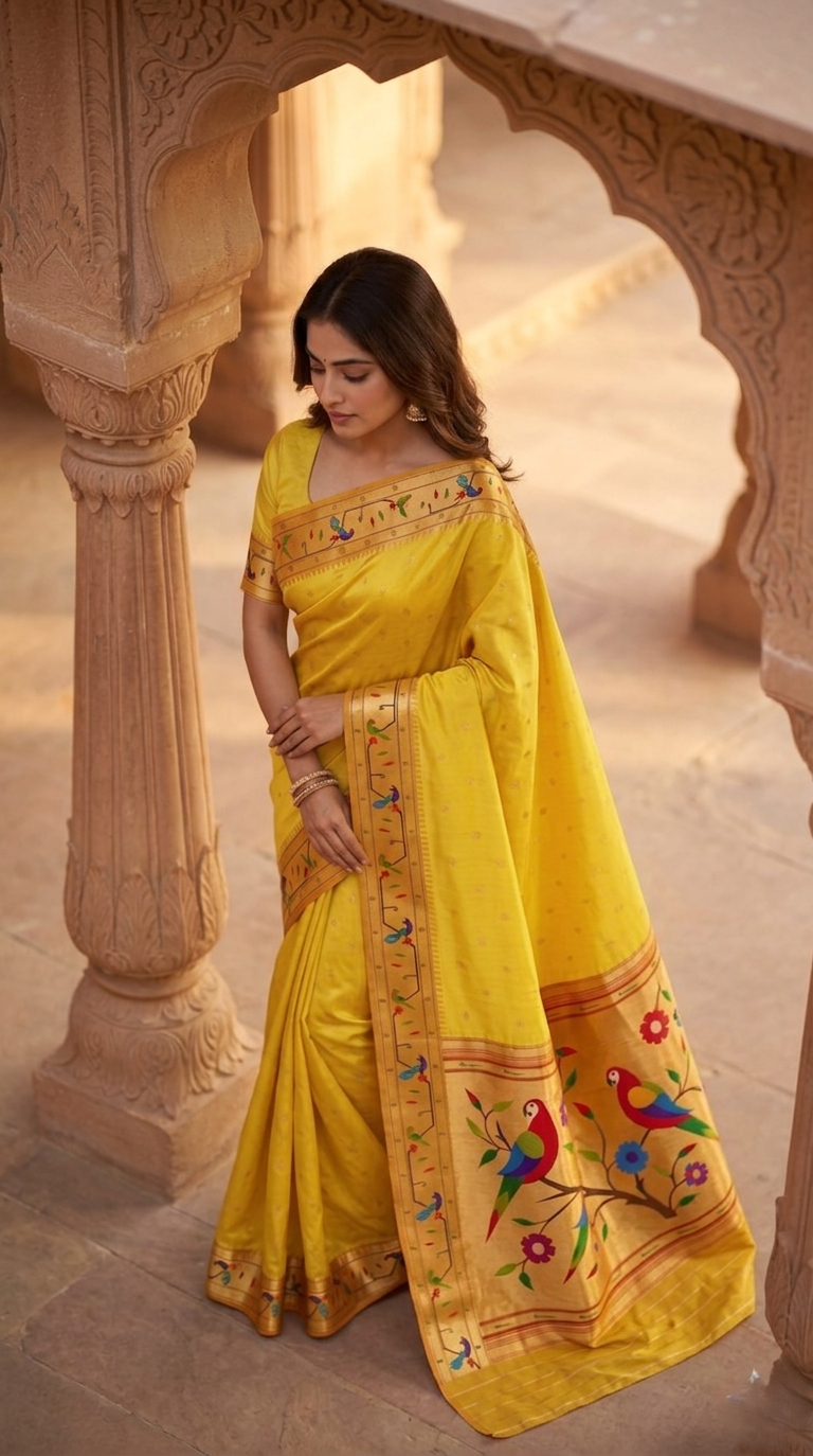 Woman in a yellow saree with intricate designs standing in an architectural setting.