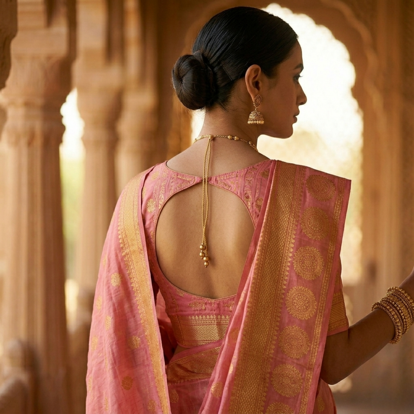 Woman in a pink saree with gold patterns standing in front of an architectural background.