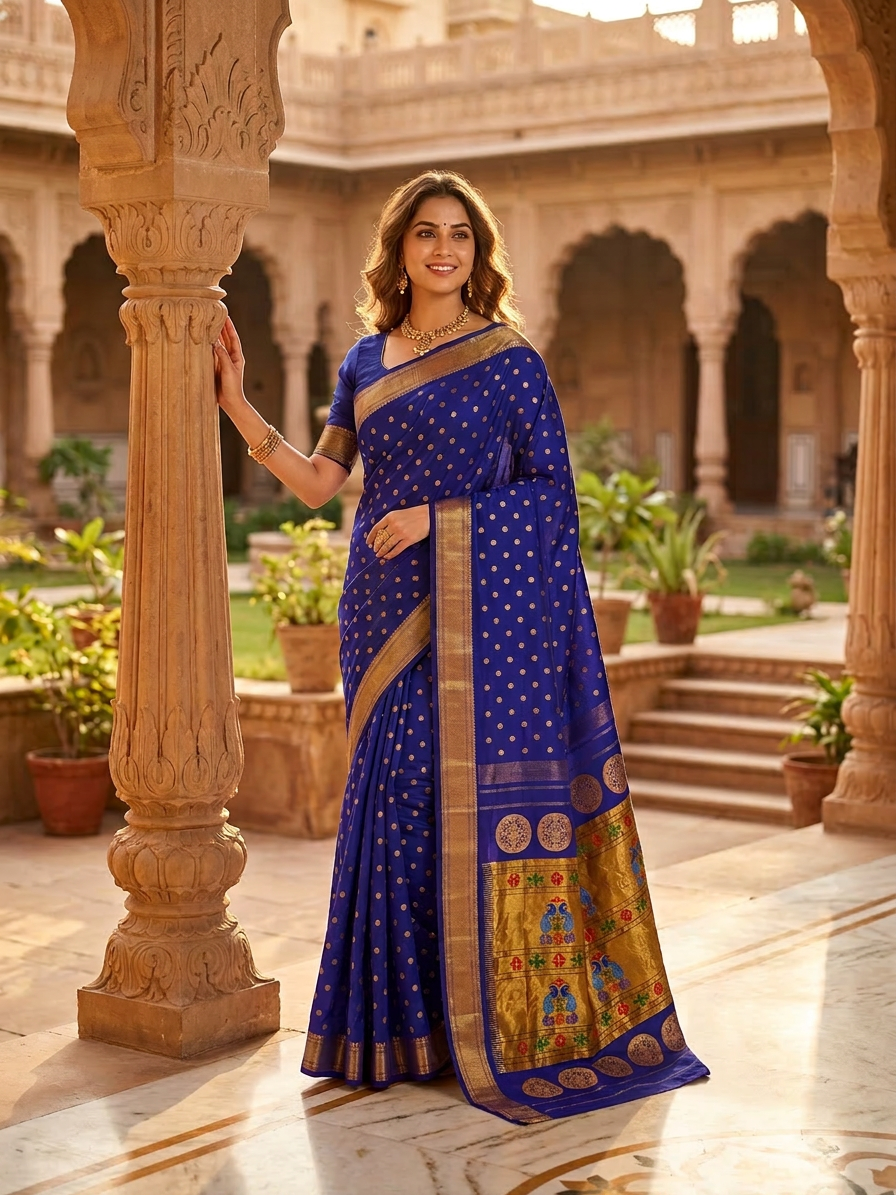 Woman in a blue saree with gold details standing in an outdoor setting with arches and plants.