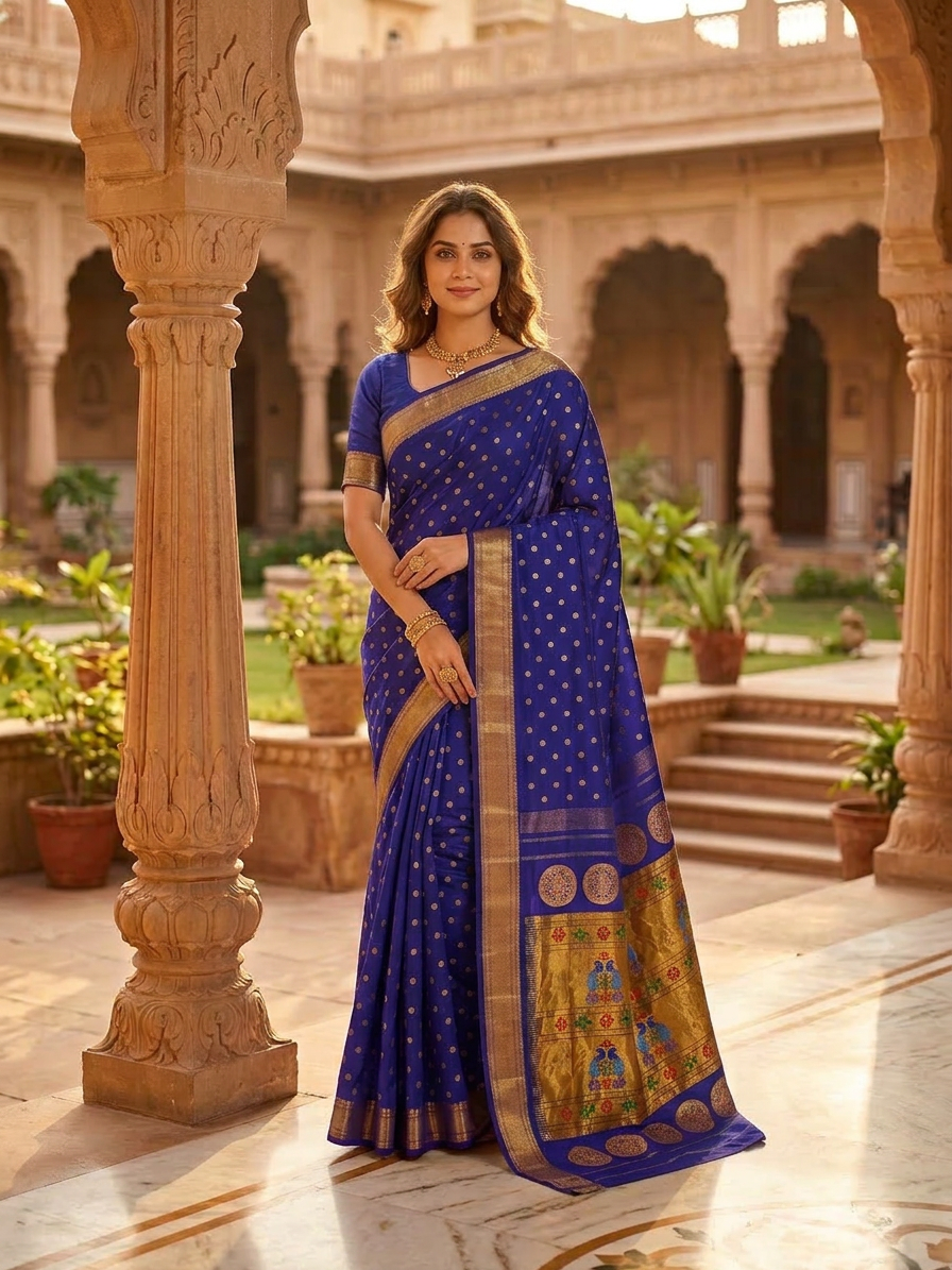 Woman in a blue saree with gold patterns standing in an architectural setting.