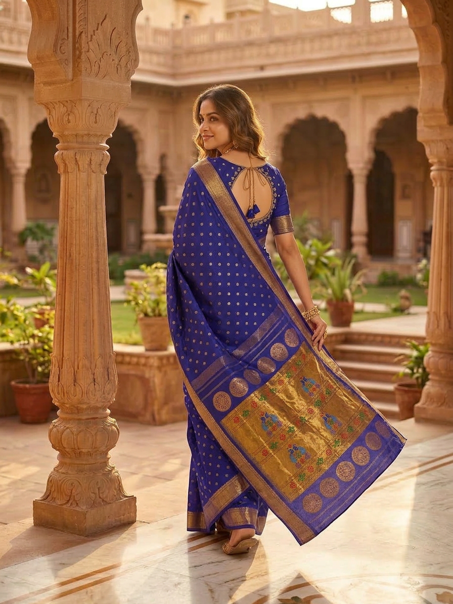Woman in a blue saree with gold patterns standing in an outdoor courtyard.