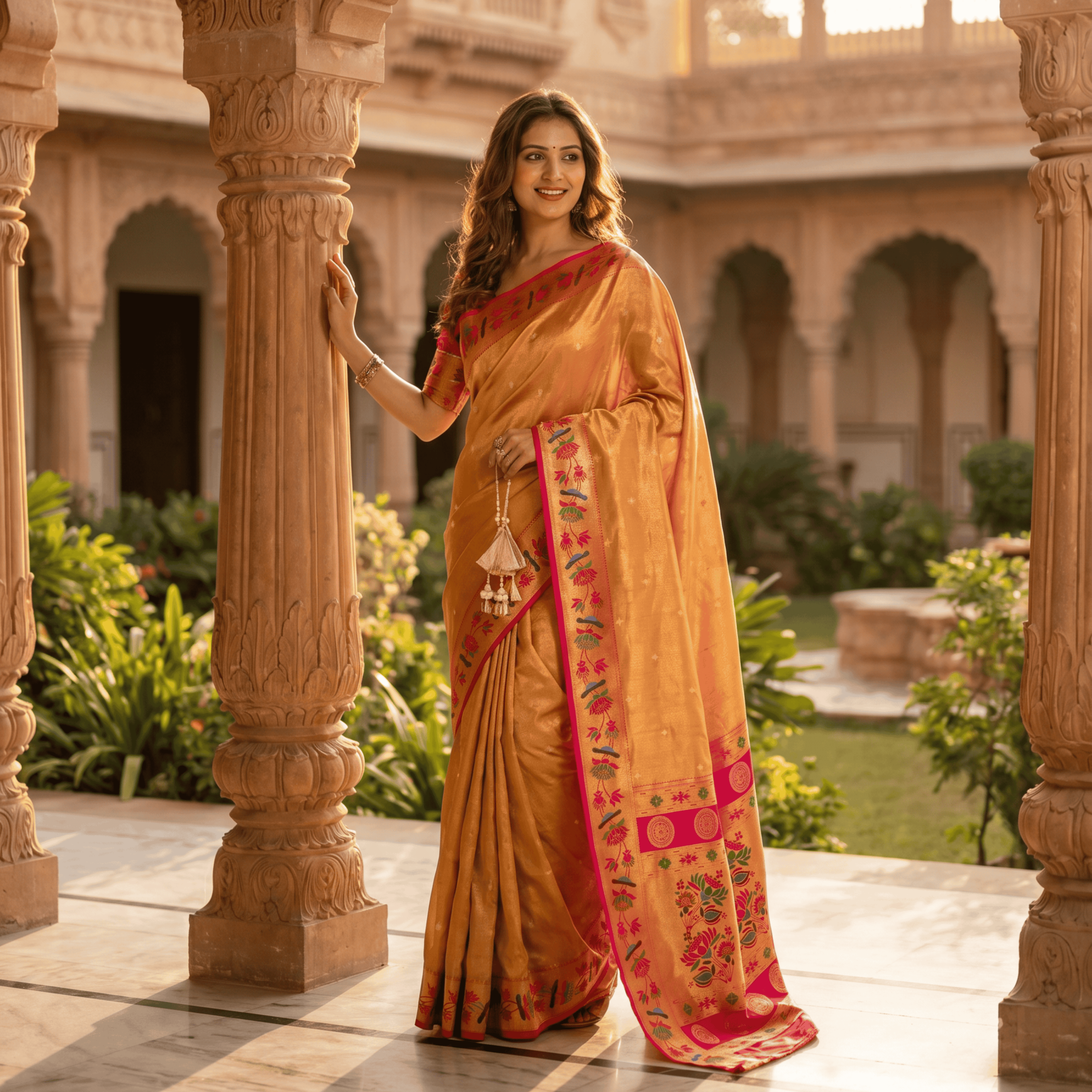 Woman in a traditional orange saree with red border standing in a garden with architectural columns.