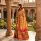 Woman in a traditional orange saree with red border standing in an architectural setting with columns and greenery.