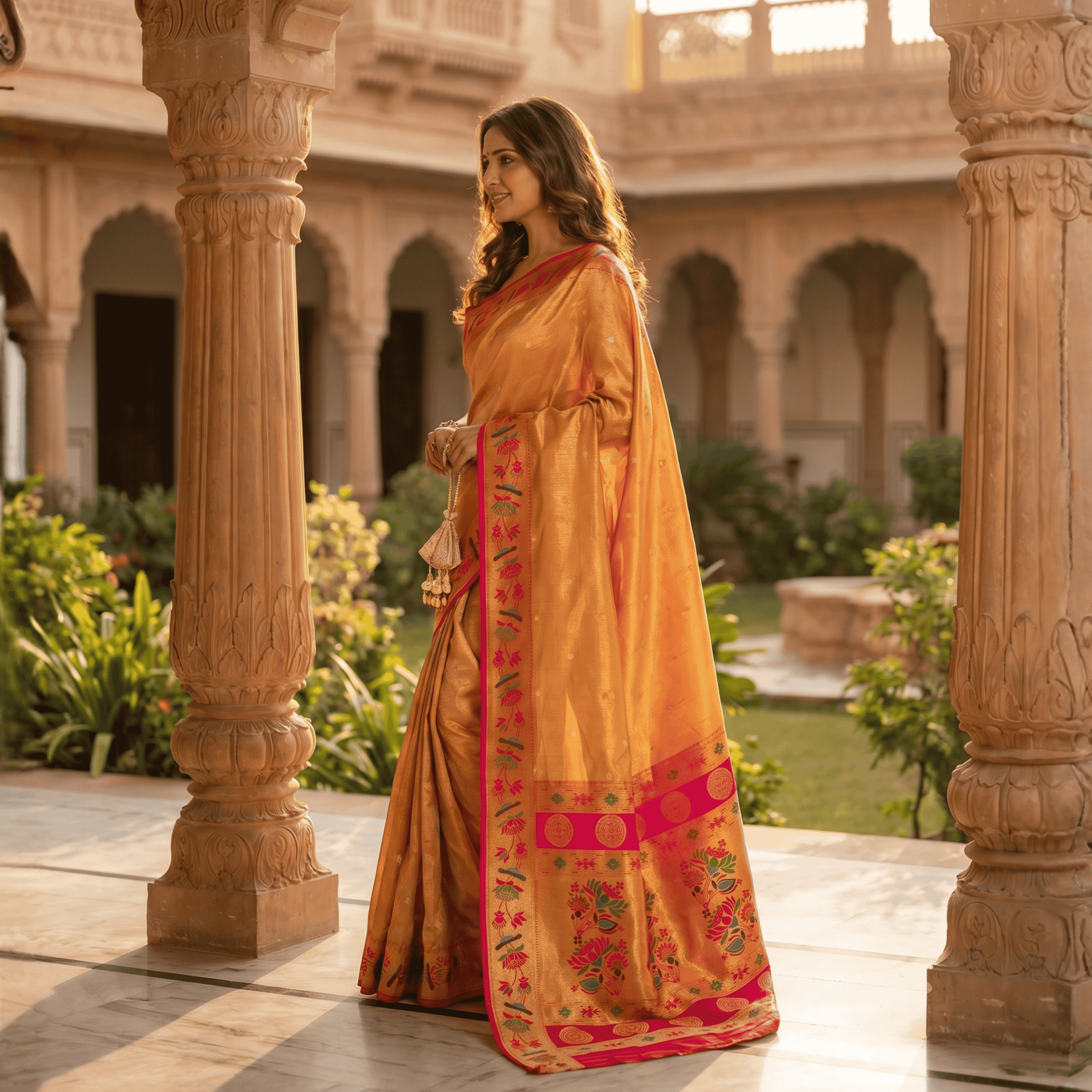 Woman in a traditional orange saree with red border standing in an architectural setting with columns and greenery.