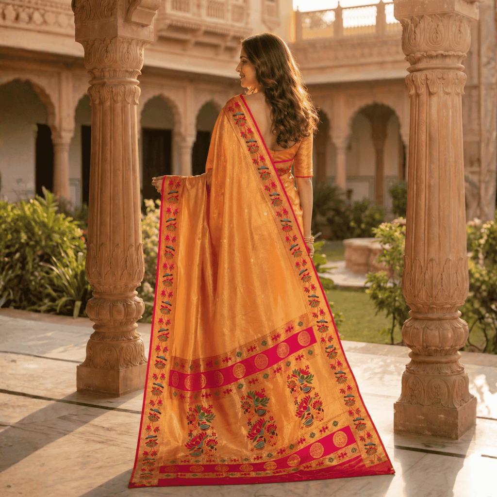 Woman in a traditional yellow saree with red border standing in an outdoor setting with columns and greenery.