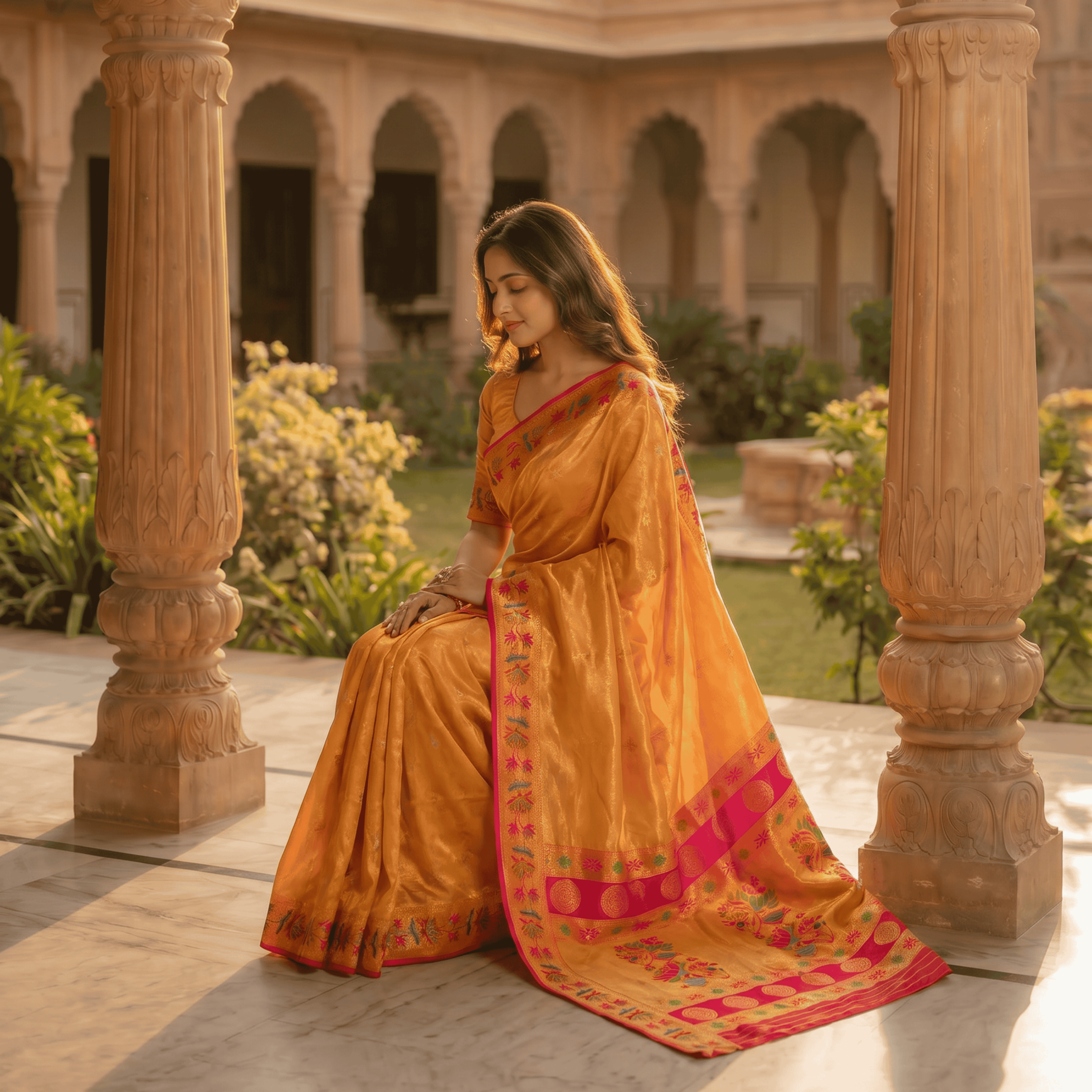 Woman in a yellow saree with red border sitting in a courtyard with columns and greenery.