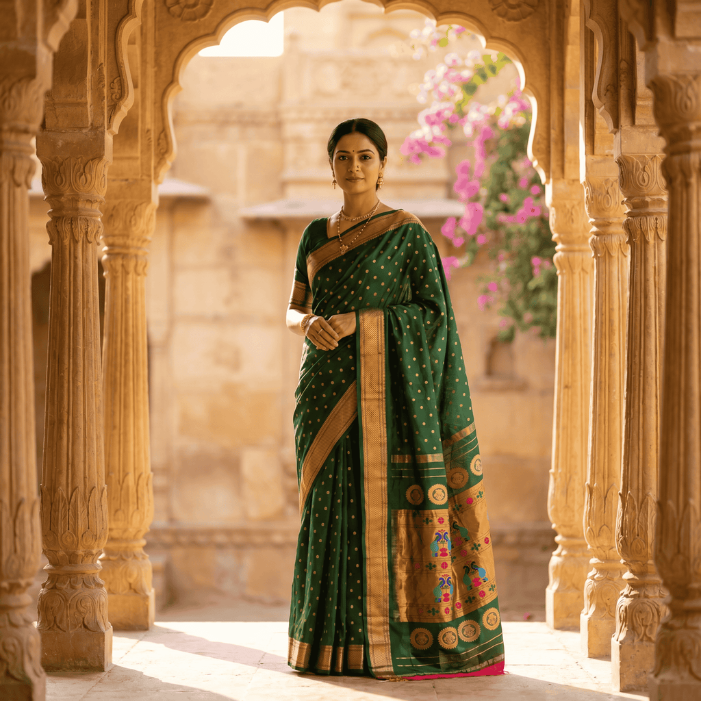 Woman in a green saree standing in an architectural setting with floral decorations.