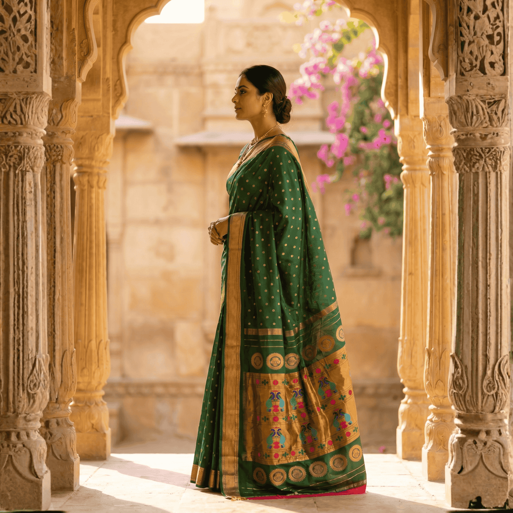 Woman in a green saree standing in an architectural setting with floral decorations.