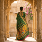 Woman in a green and gold saree standing in an ornate archway with floral decorations.