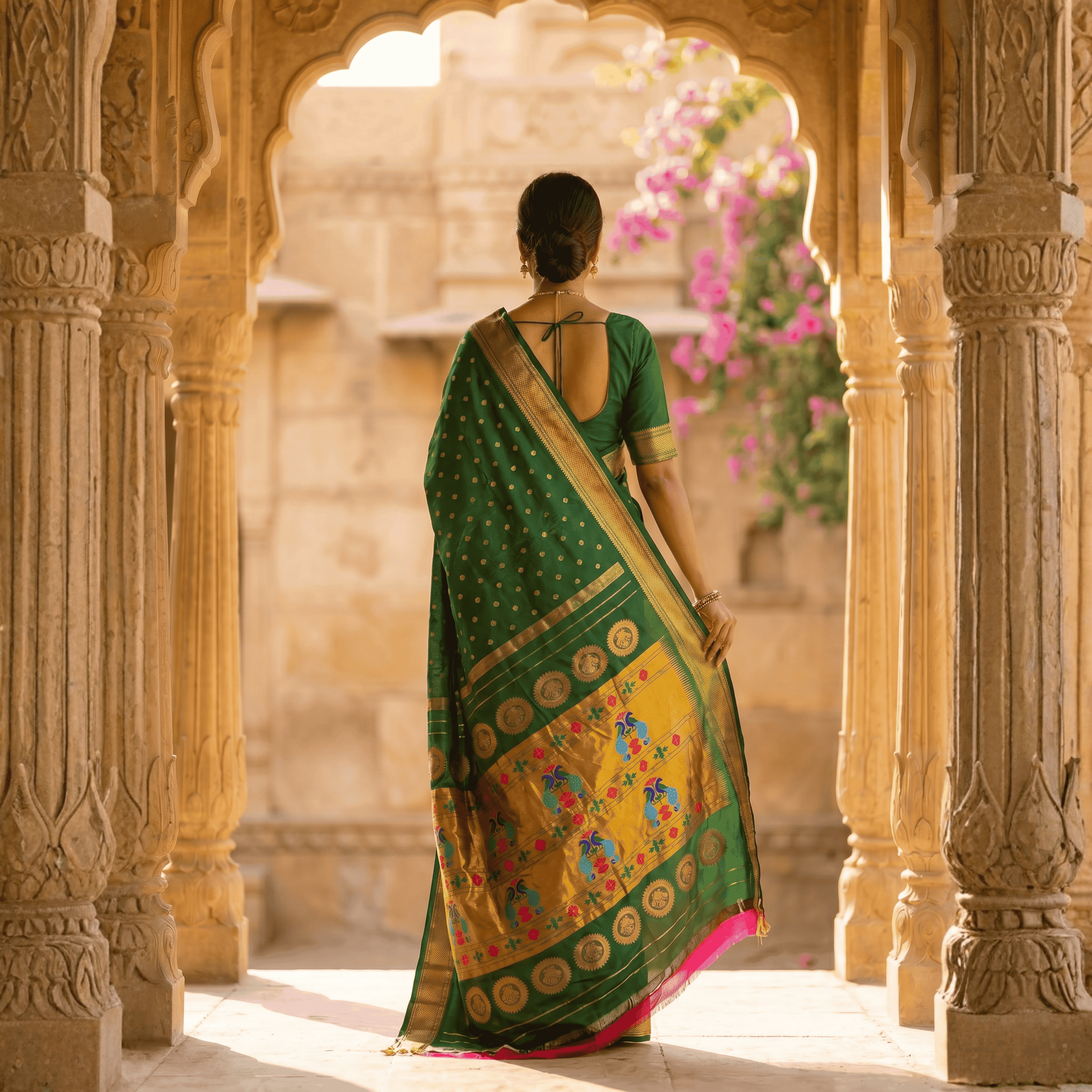 Woman in a green and gold saree standing in an ornate archway with floral decorations.