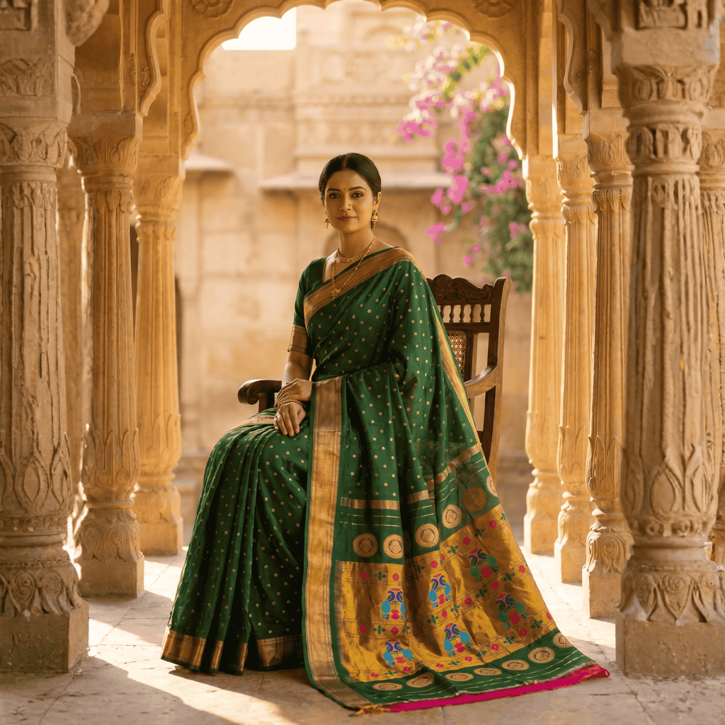 Woman in a green saree with gold details sitting in an ornate architectural setting.