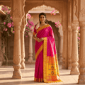 Woman in a pink and yellow saree standing in an ornate archway with floral decorations.