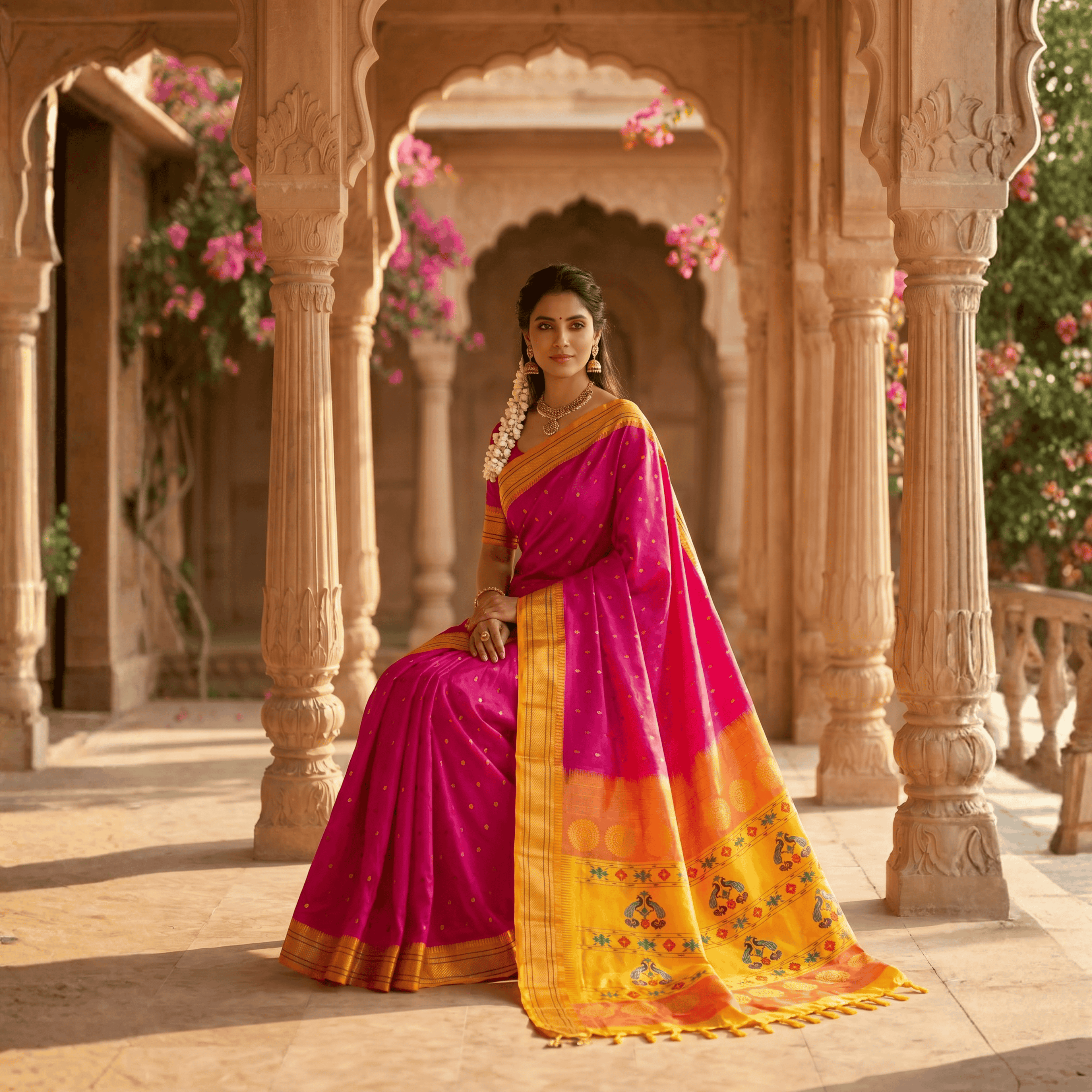 Woman in a vibrant pink and yellow saree standing in an ornate architectural setting with flowers.