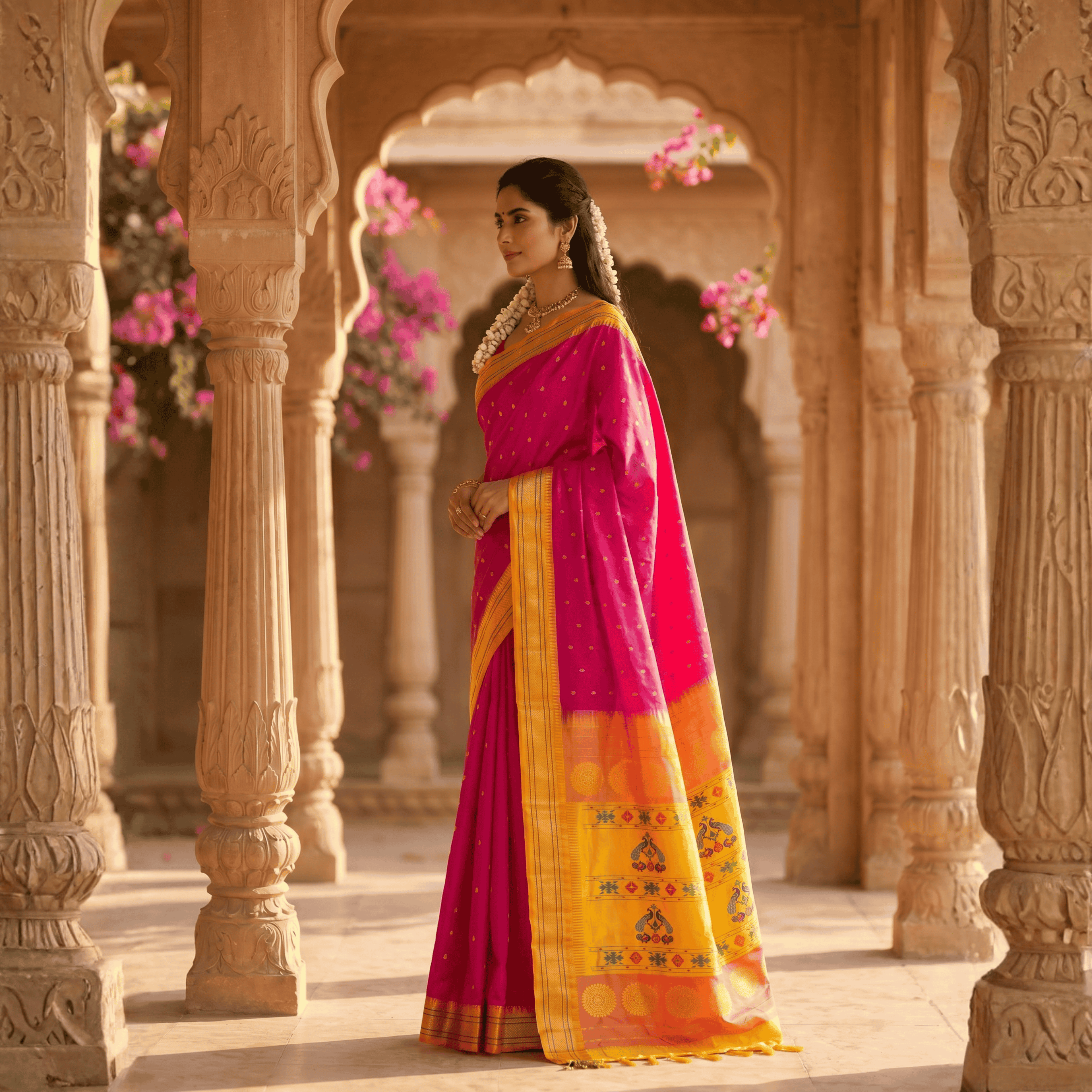 Woman in a vibrant pink and yellow saree standing in an ornate architectural setting with floral decorations.
