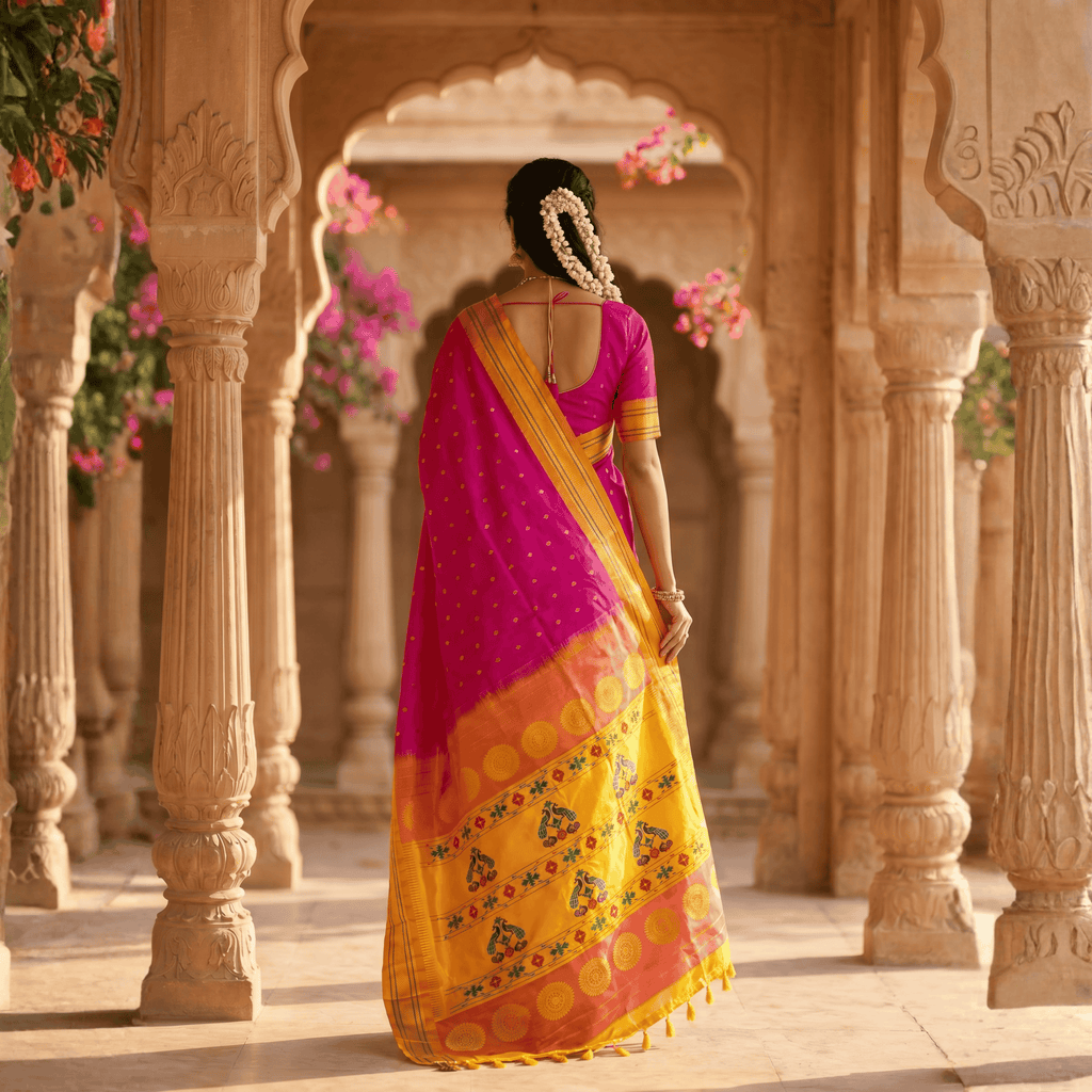 Woman in a pink and yellow saree walking through an ornate archway with floral decorations.