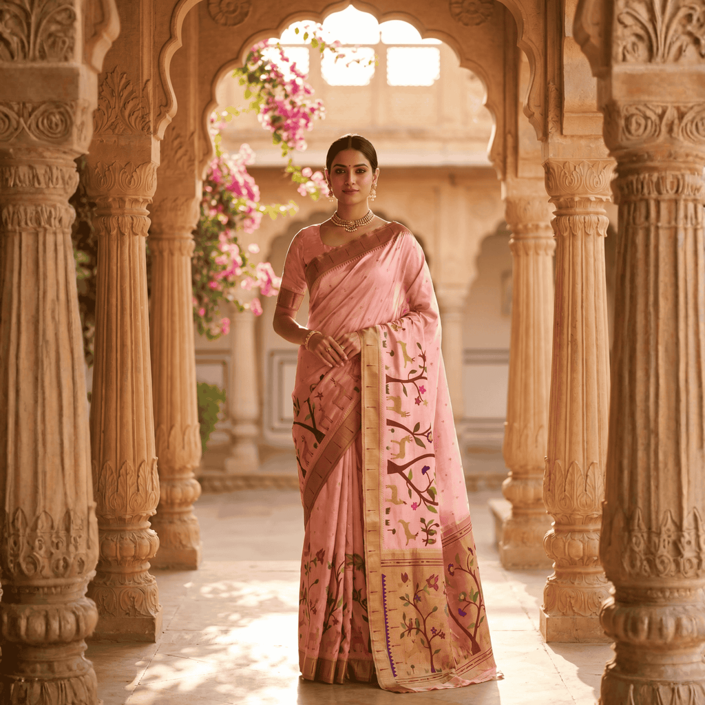 Woman in a pink saree standing in an architectural setting with floral decorations.