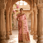 Woman in a pink saree standing in an architectural setting with floral decorations.
