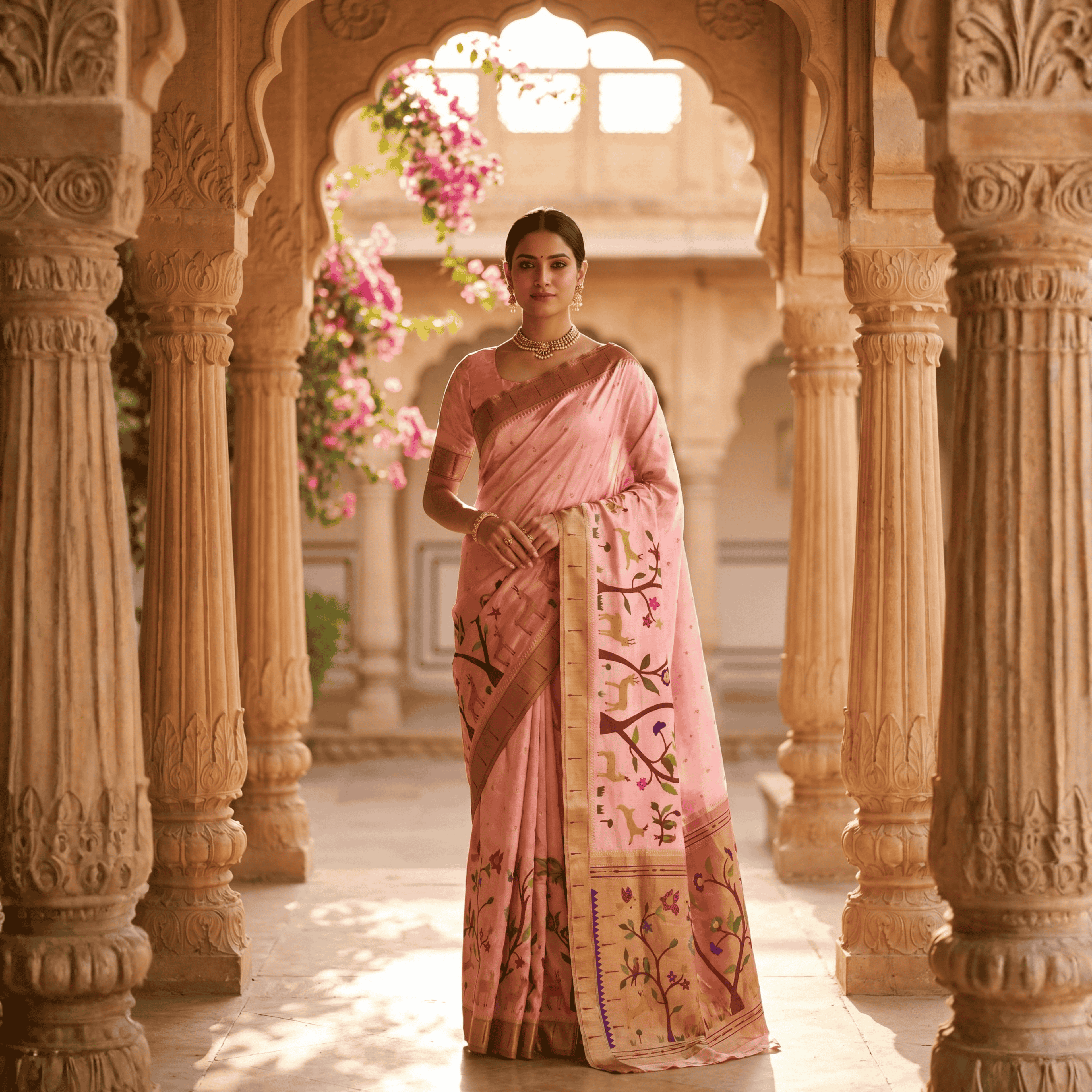 Woman in a pink saree standing in an architectural setting with floral decorations.