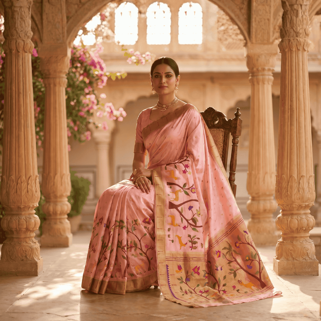 Woman in a traditional pink saree with floral patterns sitting in an ornate architectural setting.