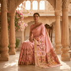 Woman in a traditional pink saree with floral patterns sitting in an ornate architectural setting.