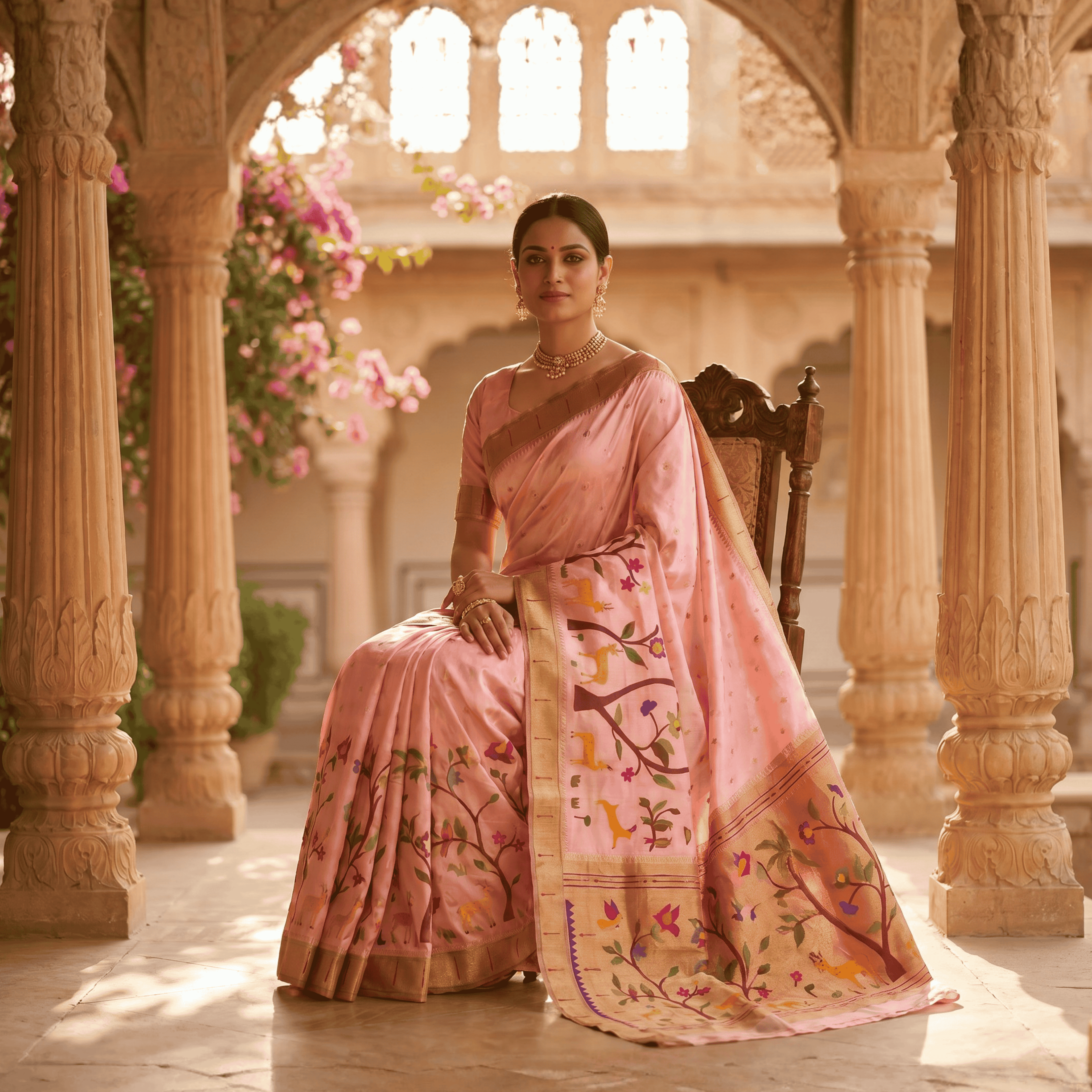 Woman in a traditional pink saree with floral patterns sitting in an ornate architectural setting.