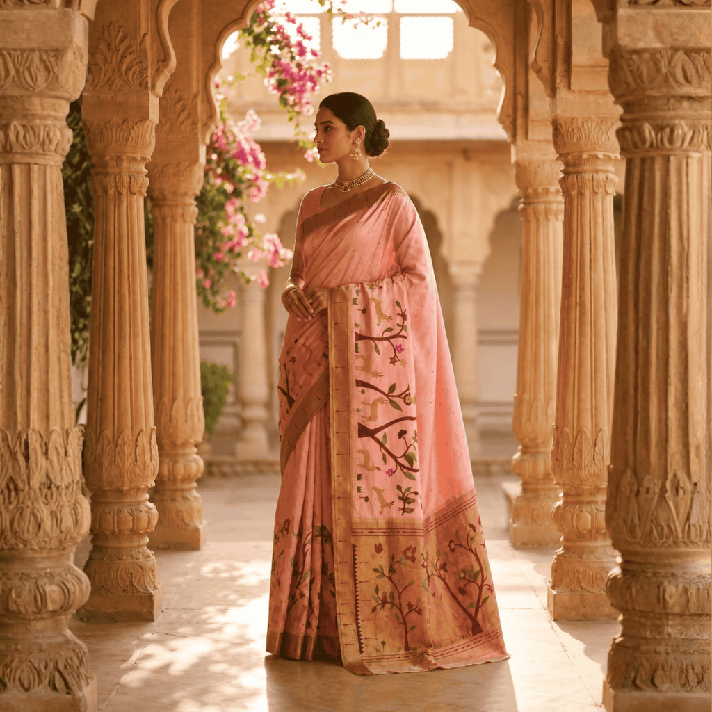 Woman in a traditional pink saree standing in an architectural setting with floral decorations.